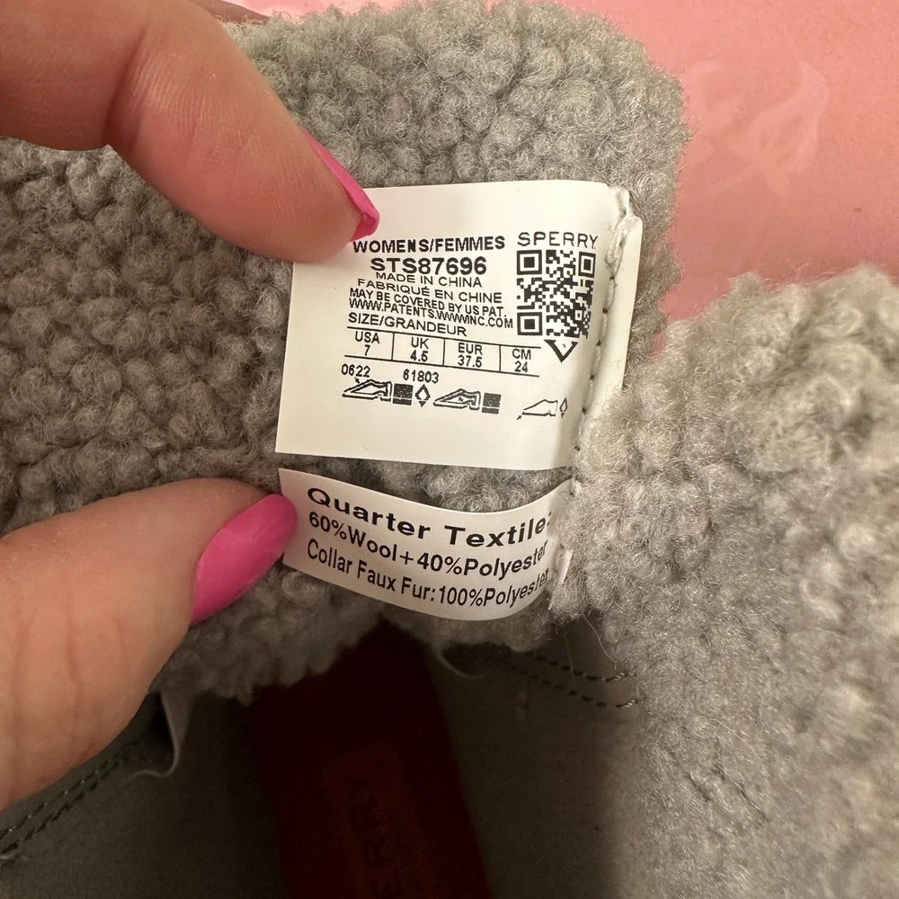 Sperry Saltwater Grey Herringbone Wool Faux Fur Duck Boots STS87696 Womens 7‎